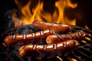 Hot spicy meat sausages grilled on fire, food bbq and grill, photo