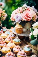 pastelitos, pasteles, bollos y magdalenas y fiesta decoración al aire libre a el Inglés país estilo jardín, dulce postres para boda, cumpleaños o fiesta celebracion, generativo ai foto