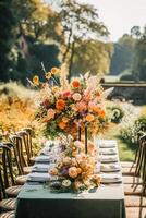 Autumn table scape, autumnal dinner table setting, holiday tablescape for wedding, birthday or party event celebration, photo
