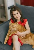 Beautiful girl in a red dress holds her beloved red British cat in her arms photo