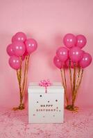 Big white surprise box with the inscription happy birthday and a bow and large bundles of pink balloons photo