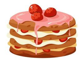 Strawberry layer cake with cream. Vector illustration of a sweet dessert. Homemade cakes.