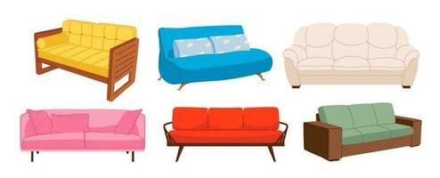 un conjunto de sofás para el interior de el casa y el oficina. moderno suave mueble recopilación. plano vector ilustración.