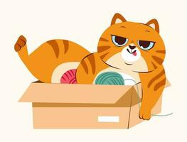 Cute ginger playful cat. The cat in the box is playing with a ball of thread. Cartoon flat vector illustration.