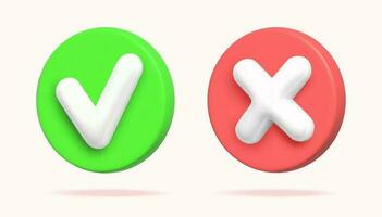 3d icons with a check mark and cross. Symbols of acceptance, rejection. Realistic 3d vector illustration