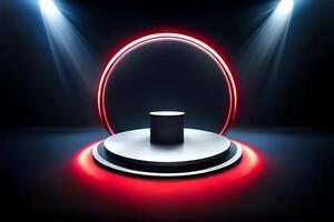 red light round podium and black background photo