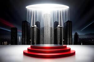 red light round podium and black background photo