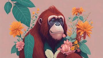 Orangutan with flowers and leaves on pink background. art illustration photo