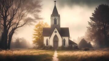 beautiful old church in the village art illustration, generative Ai  art photo