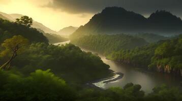 beautiful sunset over the mountain and river, tropical island, generative Ai art photo