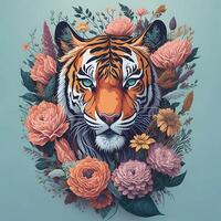 tiger head image with flower art illustration, art photo
