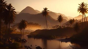 beautiful sunset over the mountain and river, tropical island, generative Ai art photo