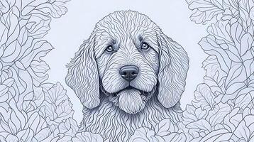 Black and white illustration of dog. Coloring book anti stress for children and adults. Illustration isolated on white background - technology photo