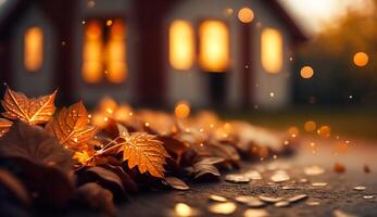 resumen otoño escena y Inglés país estilo casa pueblo en fondo, hermosa campo naturaleza con otoñal hojas y Bokeh, generativo ai foto