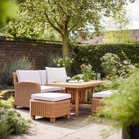 Garden lounge, outdoor furniture and countryside house patio decor in a country cottage style, photo