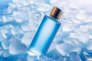 Skincare cosmetic bottle with golden cap on blue ice background, photo