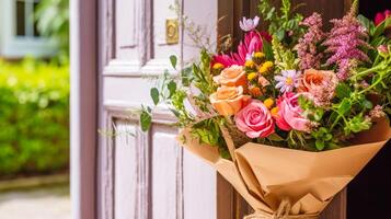 flor tienda entrega y fiesta regalo postal servicio, hermosa ramo de flores de flores en un casa peldaño en el campo, generativo ai foto