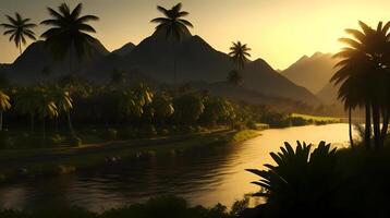 beautiful sunset over the mountain and river, tropical island, generative Ai art photo