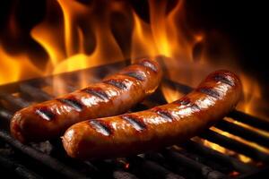 Hot spicy meat sausages grilled on fire, food bbq and grill, photo