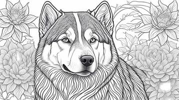 coloring book for adult siberian husky art illustration, black and white, art photo