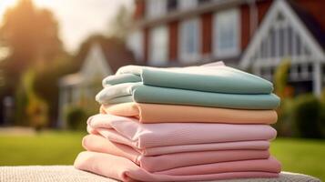 Laundry, housekeeping and homemaking, stack of clean and folded clothes in country house garden, photo