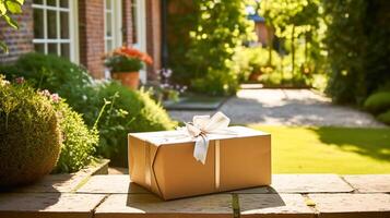 Elegant gift shop delivery, postal service and luxury online shopping, parcel box with a bow on a house doorstep in the countryside, photo