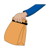 Masculin en portant dans main marron clair vide Vide artisanat papier sac pour emporter. dessin animé png