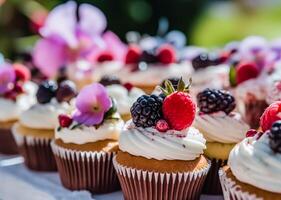 pastelitos, pasteles, bollos y magdalenas y fiesta decoración al aire libre a el Inglés país estilo jardín, dulce postres para boda, cumpleaños o fiesta celebracion, generativo ai foto