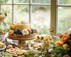 Autumnal dessert buffet table, event food catering for wedding, party and holiday celebration, cakes, sweets and desserts in autumn garden, photo