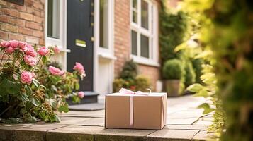 elegante regalo tienda entrega, postal Servicio y lujo en línea compras, paquete o empaquetar caja con un arco en un casa peldaño en el campo, generativo ai foto