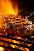 Meat beef steak grilled on fire, food bbq and hot grill, photo