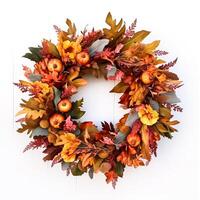 Autumn wreath as decoration on white door, welcoming autumn holiday season with autumnal decorations, photo