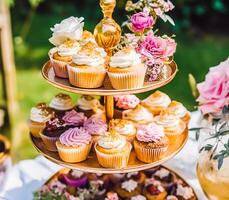 Cupcakes, cakes, scones and muffins and holiday decoration outdoors at the English country style garden, sweet desserts for wedding, birthday or party celebration, photo