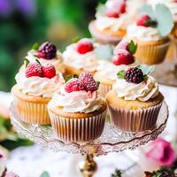 Cupcakes, cakes, scones and muffins and holiday decoration outdoors at the English country style garden, sweet desserts for wedding, birthday or party celebration, photo