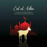 eid-ul-adha Mubarak antecedentes con vaca, cabra silueta y mezquita ilustración en creciente Luna ligero. vector