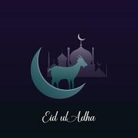 eid-ul-adha Mubarak antecedentes con vaca, cabra silueta y mezquita ilustración en creciente Luna ligero. vector