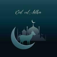 eid-ul-adha Mubarak antecedentes con vaca, cabra silueta y mezquita ilustración en creciente Luna ligero. vector