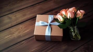 Father's day concept, present with flowers on rustic wood background with copy space. photo