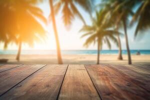 Product presentation in nature. Blur tropical beach with bokeh sun light wave on empty old nature wood table abstract background. photo