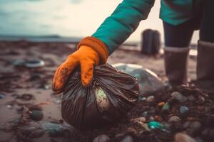 voluntario recoge basura en un lodoso playa. el concepto de tierra día. de cerca. generativo ai foto