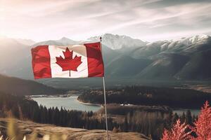 Canada flag on right side and beautiful Canadian landscapes, closeup with copy space. photo