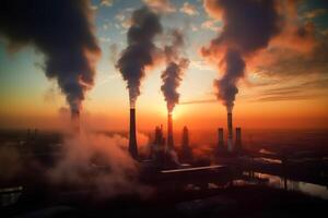 industria metalúrgico planta amanecer fumar niebla tóxica emisiones malo ecología aéreo fotografía. generativo ai foto