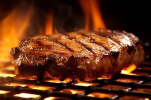 Meat beef steak grilled on fire, food bbq and hot grill, photo