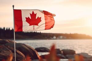 Canada flag on right side and beautiful Canadian landscapes, closeup with copy space. photo