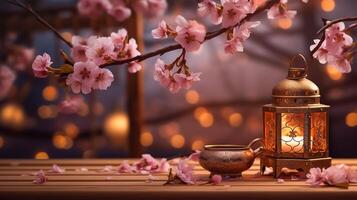 Glowing Moroccan lantern with prunus tree blossoms on table. photo