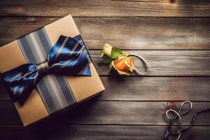 Father's day concept, present with tie on rustic wood background with copy space. photo