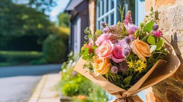 flor tienda entrega y fiesta regalo postal servicio, hermosa ramo de flores de flores en un casa peldaño en el campo, generativo ai foto