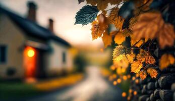 Abstract autumn scene and English country style house village on background, beautiful countryside nature with autumnal leaves and bokeh, photo