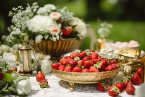 alimento, Fruta jardín y fresa cosecha, Fresco fresas servido en el campo, generativo ai foto