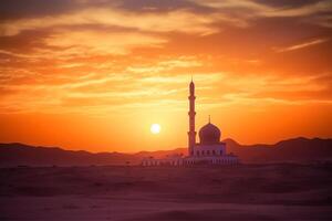 photo sunset over desert with muslim mosque in the foreground, muslim, arabic, islam, ramadan, eid celebrate, muslim holiday.